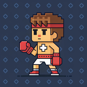 A pixel art of a boxer character with blocky design, dark background, repetitive pattern. Central cross marking on chest. Character is in fighting stance, cartoonish and stylized hair texture.