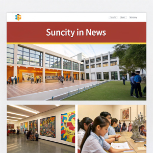 Website screenshot showcasing Suncity School. Bold headline 'Suncity in News'. Modern design with grid layout. Navigation bar and vibrant gallery section featuring student photographs, artistic sculptures, and diverse school activities.