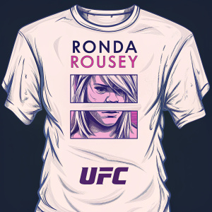 Promotional poster for Ronda Rousey merchandise. Dark background with Rousey's and UFC's logo in bold, vibrant colors. A white t-shirt with the logos and design elements displayed prominently.