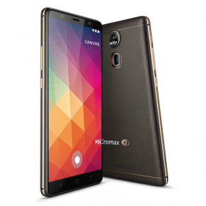 A high-quality image showcasing the Micromax Canvas Infinity smartphone. Front view displays the time and location on the vibrant screen. Back view highlights the camera setup and the distinctive Micromax logo. The sleek, slim design is prominently featured.