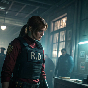 Official poster for Resident Evil 2 featuring Claire Redfield with R.P.D. insignia. Set inside a dimly lit police station with dramatic lighting and intense action scene.