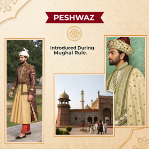 Infographic: Origin of Peshwaz. Text: Introduced during Mughal rule. Images: Mughal era attire, Peshwaz dress.