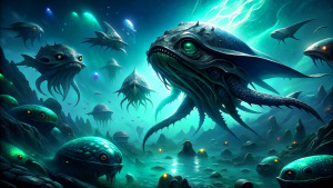 Large sentient creatures swimming in a vast ocean with small alien creatures swimming around them with some of the creatures glowing with bioluminescent fins    