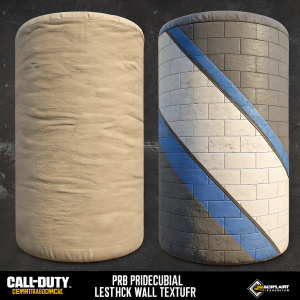 In Call of Duty: Infinite Warfare, a close-up of the PBR Procedural Cotch Leather Wall texture. On the left, a realistic depiction of a cylindrical beige cloth-like material. On the right, a graphic version with blue accents among grays, giving it a gritty look.