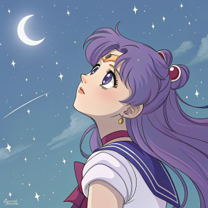 Digital illustration of Sailor Moon's Luna. Her face filled with deep thought. Purple hair cascading freely. Set against a clear night sky filled with twinkling stars. Artwork focuses equally on Luna's detailed expression and the starry background.