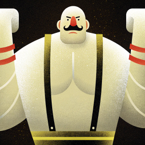 Cartoon illustration of a muscular man, resembling Arnold Schwarzenegger, bald head, mustache, and flexing in a dramatic pose against a solid black background