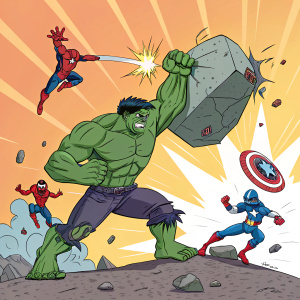 Hulk and other Marvel superheroes in action poses. Vibrant, colorful comic book panel.