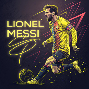 Lionel Messi in vibrant, stylized graphic design. Neon yellow text and abstract patterns in dark background.
