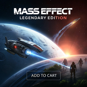 Homepage of gaming portal, featuring Mass Effect Legendary Edition. Dark background with spotlight effect. Promotional image showcasing a starship approaching a mysterious planet. Call-to-action button for 'Add to Cart'