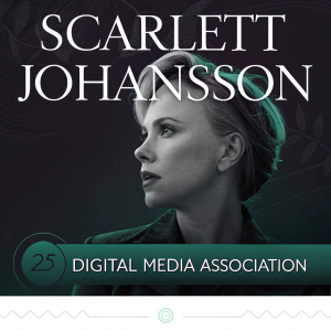 A sleek, dark-themed website dedicated to Scarlett Johansson. Featuring a banner ad in the center celebrating the 25th anniversary of the Digital Media Association. The banner has a greenish hue gradient at the bottom and a modern design with minimalistic elements.