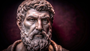 A portrait of Epicurus, a Greek philosopher who lived in the 4th century BC, known for his philosophy of hedonism and his founding of the Epicurean school of thought.