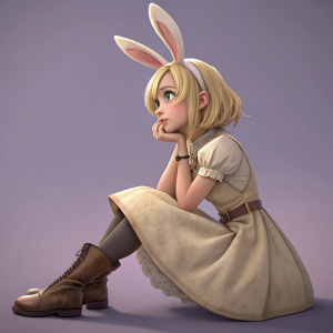 Digital 3D render of an anime girl with bunny aesthetic. Blonde hair, fair skin, thoughtful expression. Beige dress, brown boots, purple background. Character positioned centrally, focused pose.
