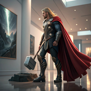 Thor, from Marvel Comics, standing in a heroic pose. His hammer Mjolnir by his side. The statue is placed in a modern gallery with soft lighting.