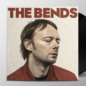 Album cover for 'The Bends' by Radiohead. Graphic design featuring a close-up of a man's face. Text in bold white font. Descriptive Spanish text explaining the album's emotions.