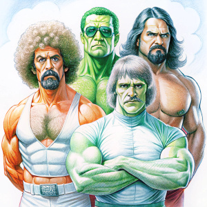 hulk hogan, macho man randy savage, ultimate warrior and andre the giant as a rock band - white guys