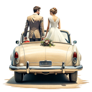 in front of a pure white background, create a white old convertible from behind with a wedding couple sitting on top of the trunk with a just married sign