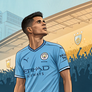Digital illustration of João Cancelo in Manchester City's blue and gold jersey. Advertisement for Premier League match between Watford and Manchester City
