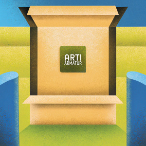 Packaging concept for 'Arti Armatur'. Bold, minimalist logo design. Repetitive branding elements. Modern, sleek aesthetic. Focus on brand name and logo. Uniform color palette.