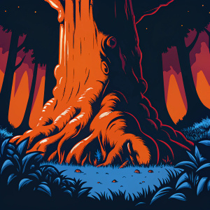 A dense forest scene from 'Legend of Mana'. A massive ancient tree with intricate bark details and sprawling branches. The ground is lush with vibrant foliage and small flora. The environment is meticulously rendered with rich textures.
