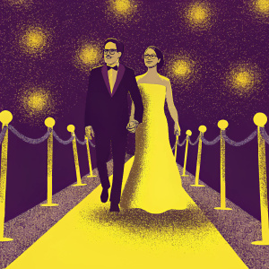Robert Downey Jr. and Susan Downey attending a movie gala. He is in a black tuxedo without glasses.