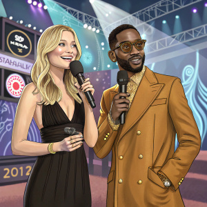 Laura Whitmore, a blonde woman in a black dress, and Tinie Tempah, an African man in a brown jacket, holding microphones at a glamorous award show. They stand in front of a stage with colorful logos and branding elements.