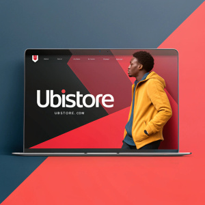Modern webpage design showcasing 'Ubistore' logo alongside the URL in Spanish. Vibrant color scheme