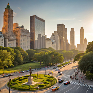 In the heart of a bustling metropolis, the towering skyscrapers cast long shadows over the vibrant streets below. The city's skyline is a blend of modern architecture and historical landmarks, with cars moving in a steady stream through the busy intersections. Amidst the urban landscape, a vibrant park offers a peaceful retreat, filled with greenery and lively chatter from people enjoying the afternoon sun.