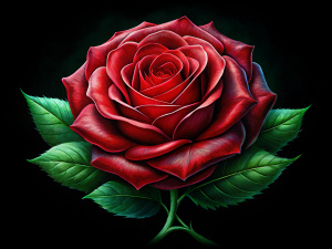  Create an image of a single red rose in full bloom against a black background. The rose should be in the center of the frame and should be surrounded by a dark background. The petals of the rose should be a deep red color and should be slightly curled at the edges. The stem of the rose should be green and should have a few thorns. The leaves of the rose should be a dark green color and should be slightly serrated at the edges. The image should be well-lit and should have a high resolution.