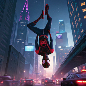Miles Morales, from Spider-Verse, hanging upside down on a web. Futuristic cityscape in the background.