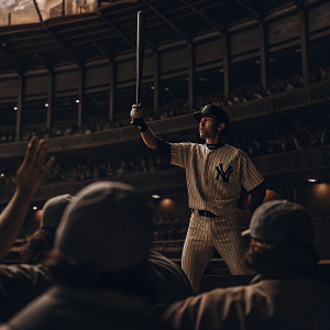 Ichiro Suzuki, in a New York Yankees uniform, striking a pose with his baseball bat. Crowded stadium background.