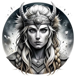 Freya - Nordic Goddess perfect realistic art, high-definition grey and black, white background tattoo design