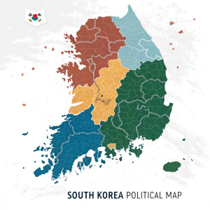 Interactive map showcasing the administrative regions of South Korea. Each province highlighted in different colors with names. Footer reads 'South Korea Political Map'