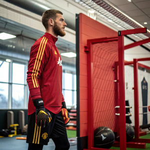 David De Gea, goalkeeper, stands inside Manchester United's training facility. He is wearing red and gold training gear.