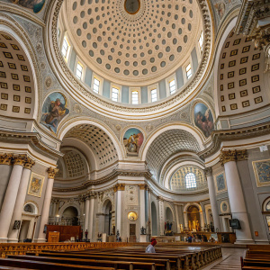 Inside the stunning Mosta Dome, a historic Roman Catholic church in Malta. Photo showcasing the intricate ceiling and beautiful decor.