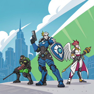 Digital illustration showcasing Overwatch heroes in vibrant hues. Zarya, Reinhardt, and Mercy pose heroically against a dynamic skyline. Color palette features bold blue, lush green, and crisp white.