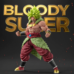 High-definition 3D render of Broly from Dragon Ball Super. Dramatic fighting stance. Solid black backdrop, vivid colors, detailed texture, large golden 'BLOODY SUPER' text