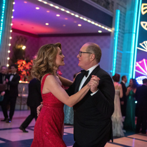 James Spader and Madchen Amick dancing at a glamorous party. Neon lights and celebrity guests in the background.