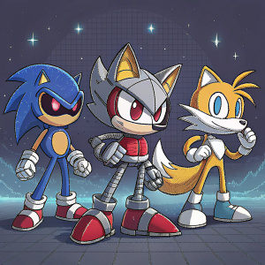 Pixel art illustration featuring Metal Sonic, Tails Doll, and Metal Knuckles. Dark background with grid pattern