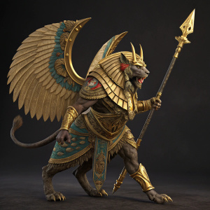3D render of Necrosphinx, a fierce warrior from Total War: Warhammer 2 Tomb Kings expansion. The creature is adorned with gold and intricate designs, wielding weapons and standing with a long ornamental tail. Dark background to highlight the golden details.