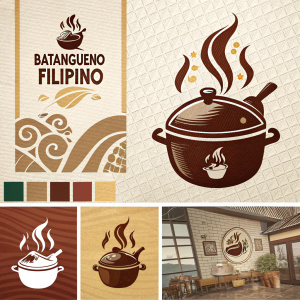 Branding guide for Batangueño Filipino Restaurant. Features include logo design, color palette, and logo variations for various formats. The logo is a stylized brown pot with the restaurant name, and the color scheme is warm with a dominant brown tone.