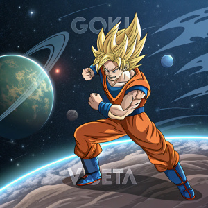 Goku, in a fighting pose, with a fierce expression, set against a space battle backdrop. The scene includes the planets Earth and Vegeta, with futuristic text