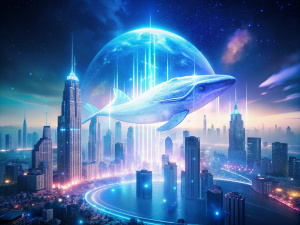 A holographic projection of a cityscape with a giant floating whale, strange and glowing, white misty stream of particles behind it suggests motion, video art installation style, film grain, surrealistic installation, ghostly forms and shapes, monochrome scheme, white and blue ethereal tones, transparent, dreamy atmosphere, medium shot