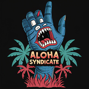 Cartoony illustration of a hand in a menacing pose. Black background. Hand has sharp teeth and fierce expression. Vibrant logo with blue and red colors for 'Aloha Syndicate'. Punk art style.