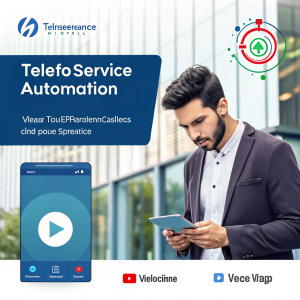 Digital marketing ad for Teleperformance India. Features sleek design with automation services highlighted. Video play button and social media icons below.
