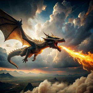 Create the image of a large majestic dragon flying in the sky, breathing fire from its mouth, where shadows play with light, emphasizing the dragon's powerful presence. Use digital painting techniques to portray the scene with clarity and depth. Focus on capturing the dragon's majestic behavior amidst the enigmatic atmosphere. Ensure the image is in high definition (8k) and 300 dpi, with highlighted and contrasted lighting with bright, vibrant colors.