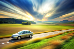 Car is driving on country road with motion blur effect. Modern car is moving at high speed in natural landscape