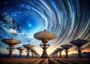 Large ground based satellite tower array, sky full of stars, satellites streaking across sky, long-exposure photography, photorealistic