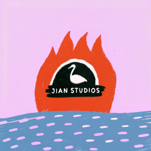 Jian Studios, a creative hub for music production, showcasing their logo - an abstract flame and bird design with clear text in Spanish.