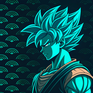 Digital art design featuring Goku. Modern abstract style with neon colors. Teal, green against dark background. Wallpaper section included.