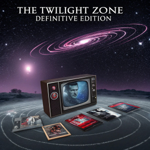 Stylized cover art for The Twilight Zone Definitive Edition DVD box set. Cosmic theme, dark background, central TV-like interface. Prominent text at top. Multiple DVDs.